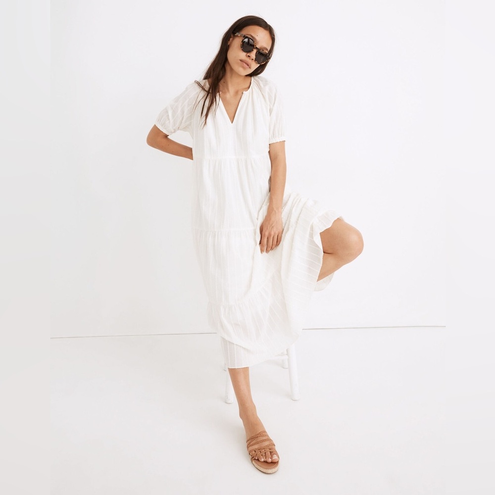 Madewell White Midi Tiered V-Neck Dress